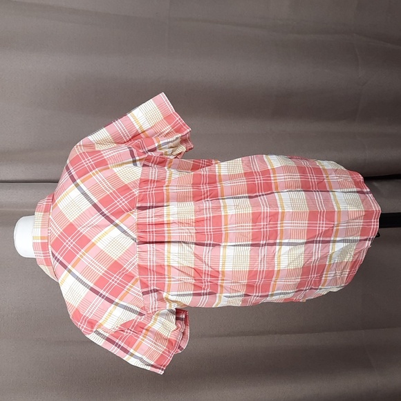L.L.Bean pink plaid short sleeve beach cruiser button up top, size medium - Picture 6 of 12